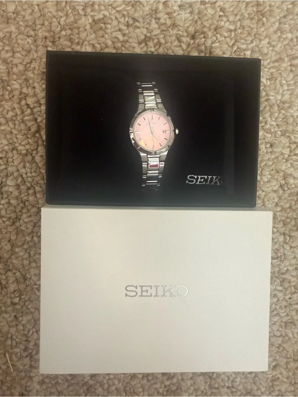 Seiko Silver Watch with Pink Dial